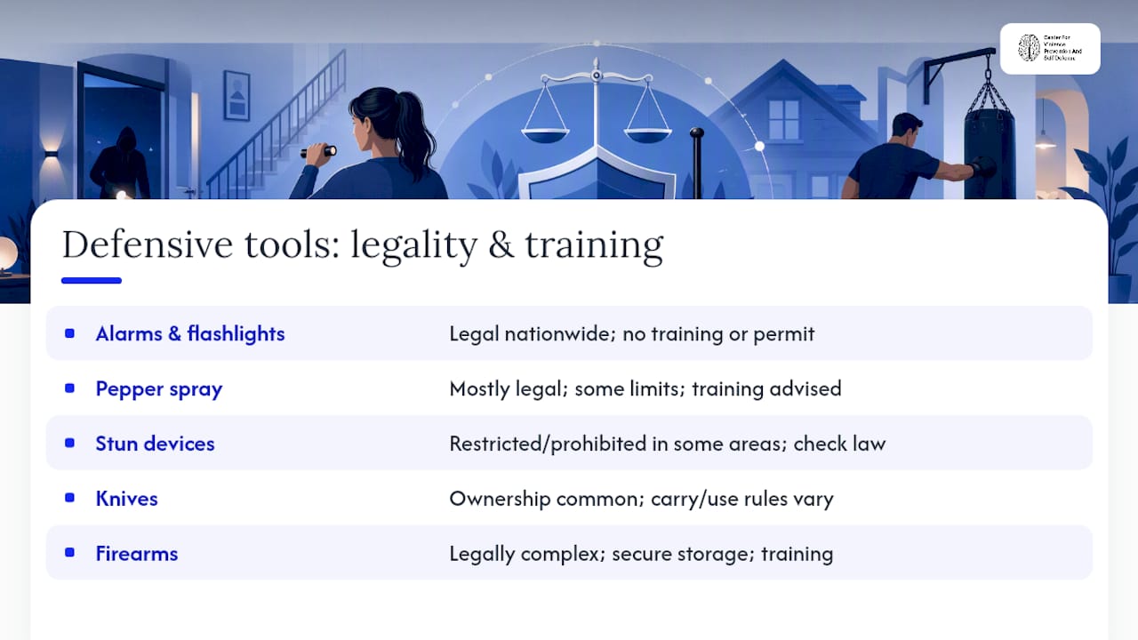 Comparison chart of defensive tools and legal limits