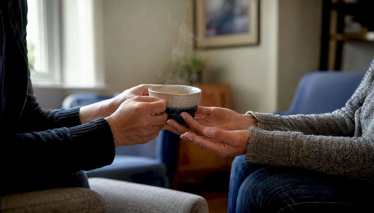 Hands offering tea for support after incident