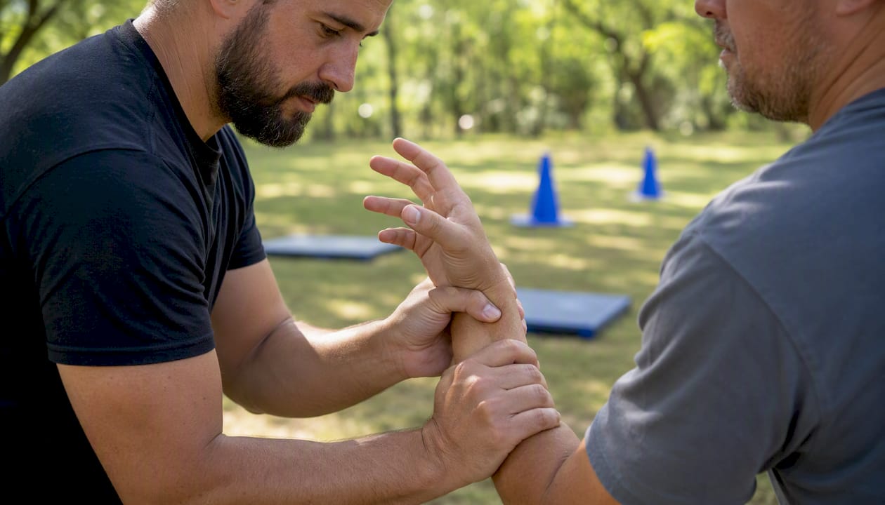Hands performing wrist release defense technique