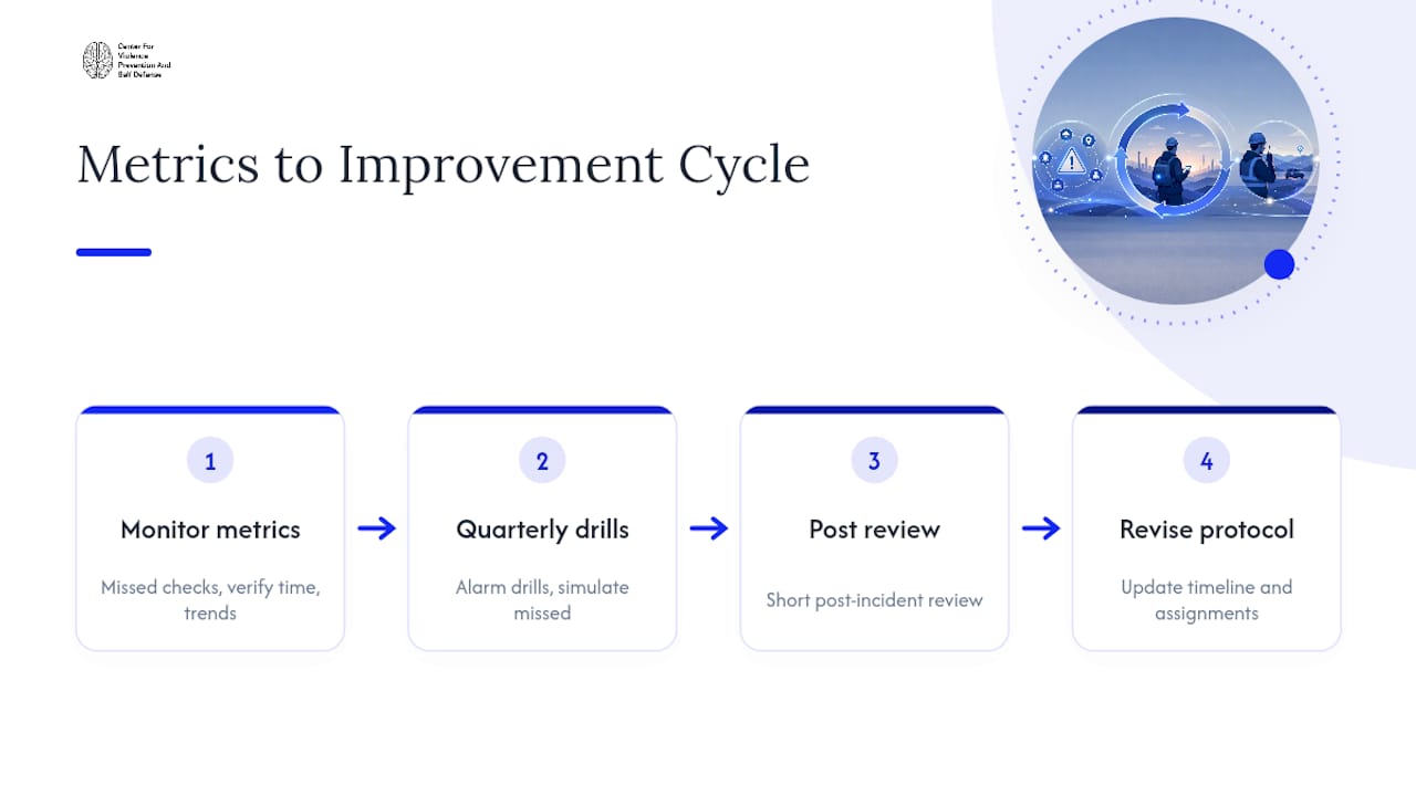 Diagram of lone worker safety metrics and continuous improvement cycle