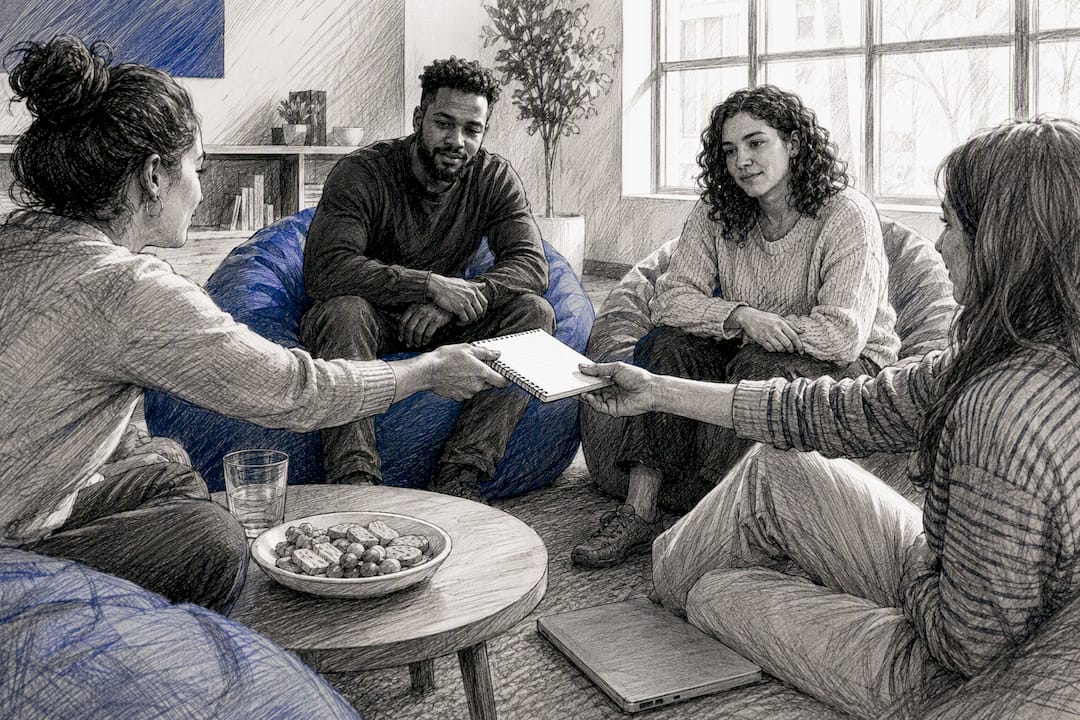 Small group exchanging contact, peer support meeting