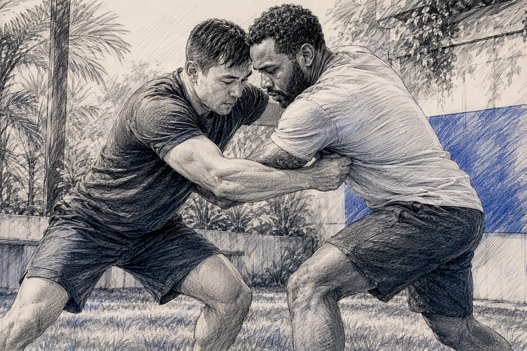 Two people practicing clinch underhook pummelling drill