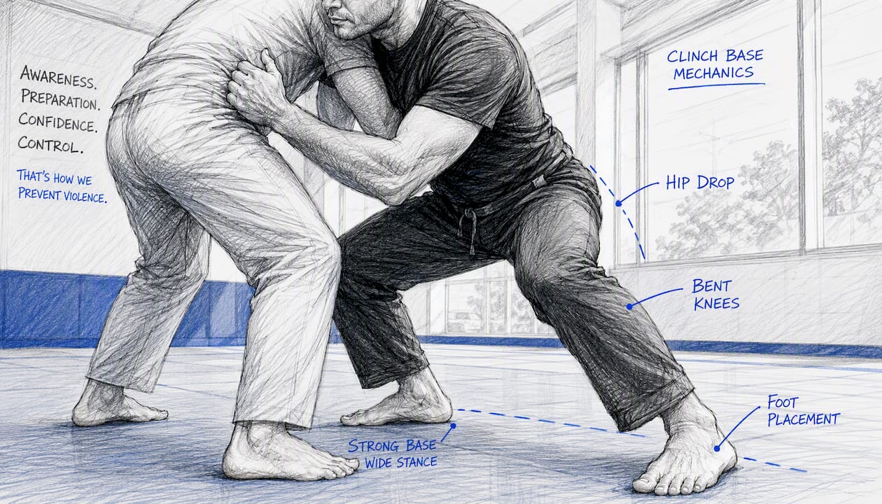 Instructor showing bent knees and hips in clinch stance