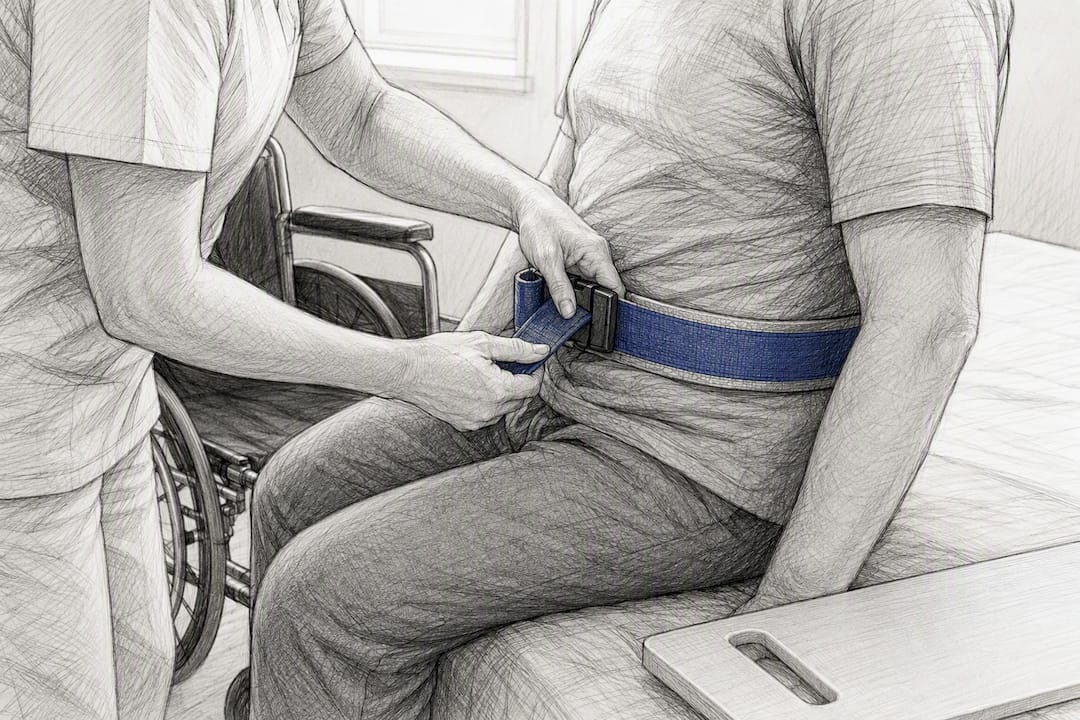 Caregiver positioning a transfer belt safely