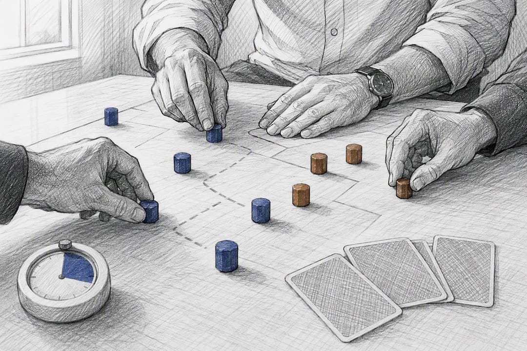 Hands arranging markers during tabletop exercise