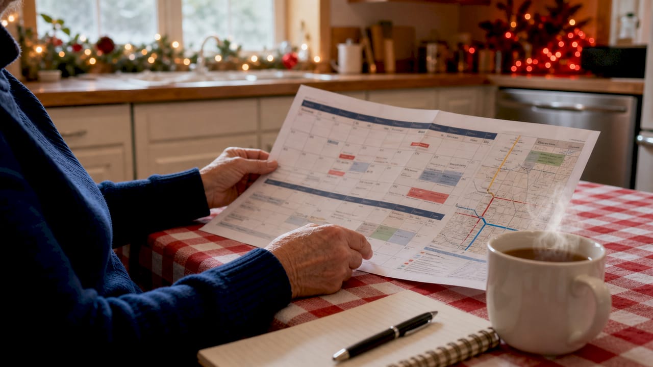 Hands reviewing printed holiday event calendar