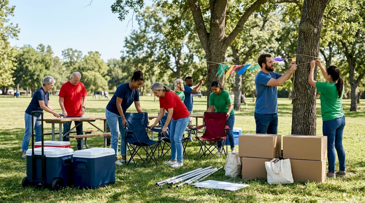 Volunteers preparing community center space
