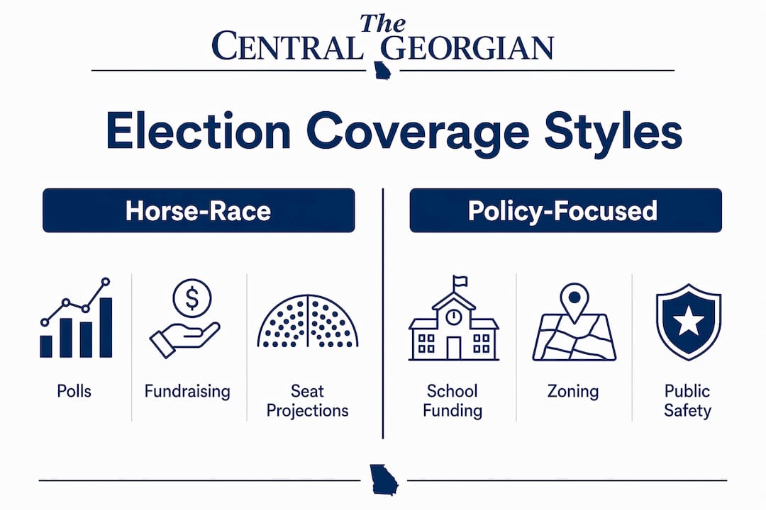Infographic comparing horse-race and policy-focused local election coverage styles