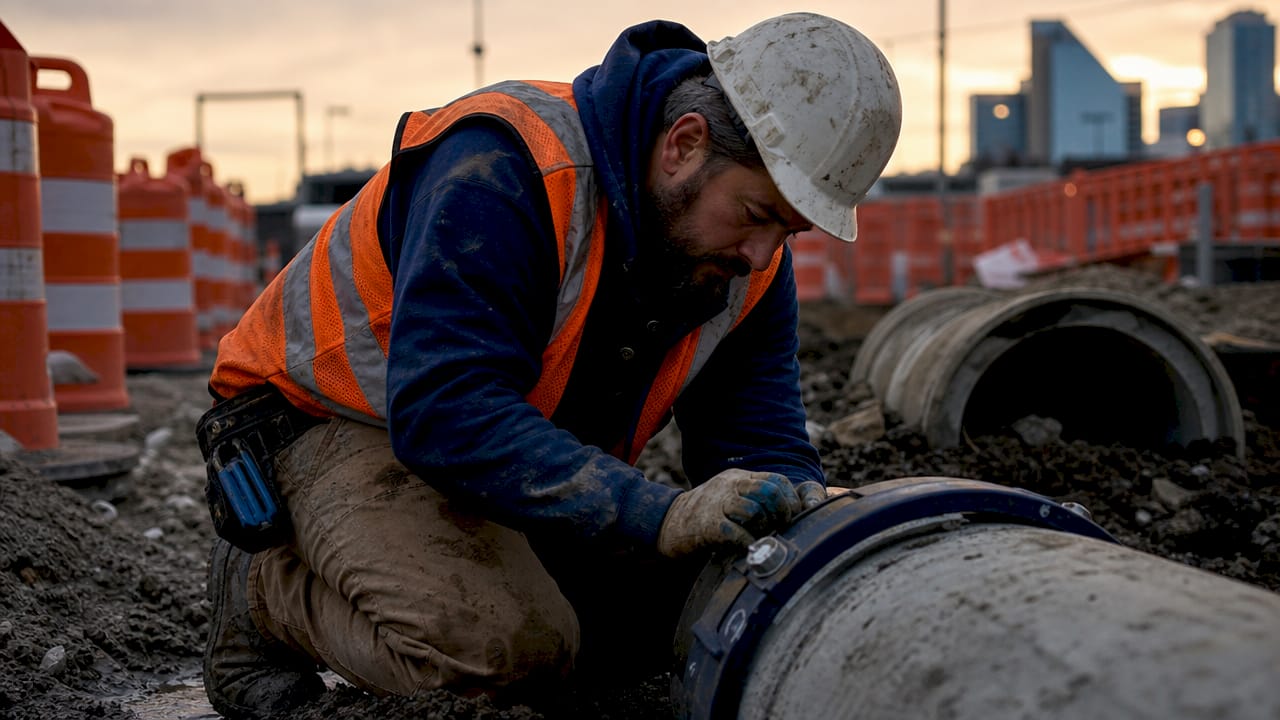 Sewer upgrade construction site at city waterway