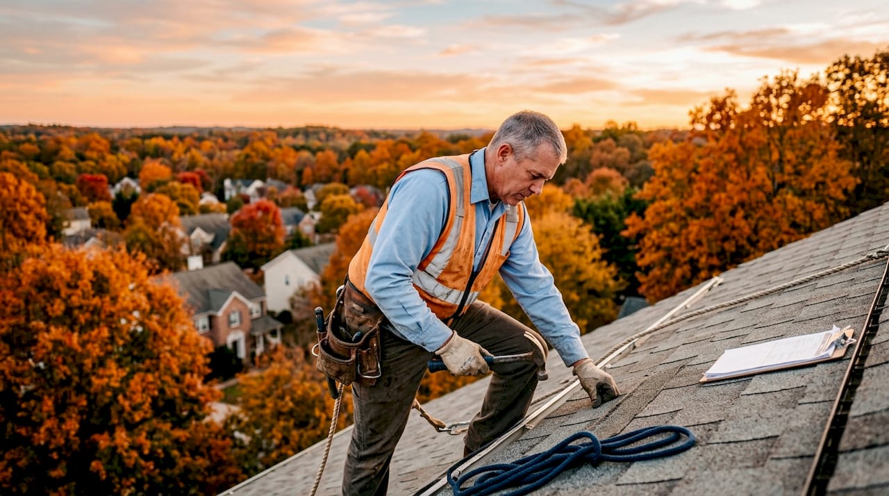 Roofer inspecting shingles on residential roof