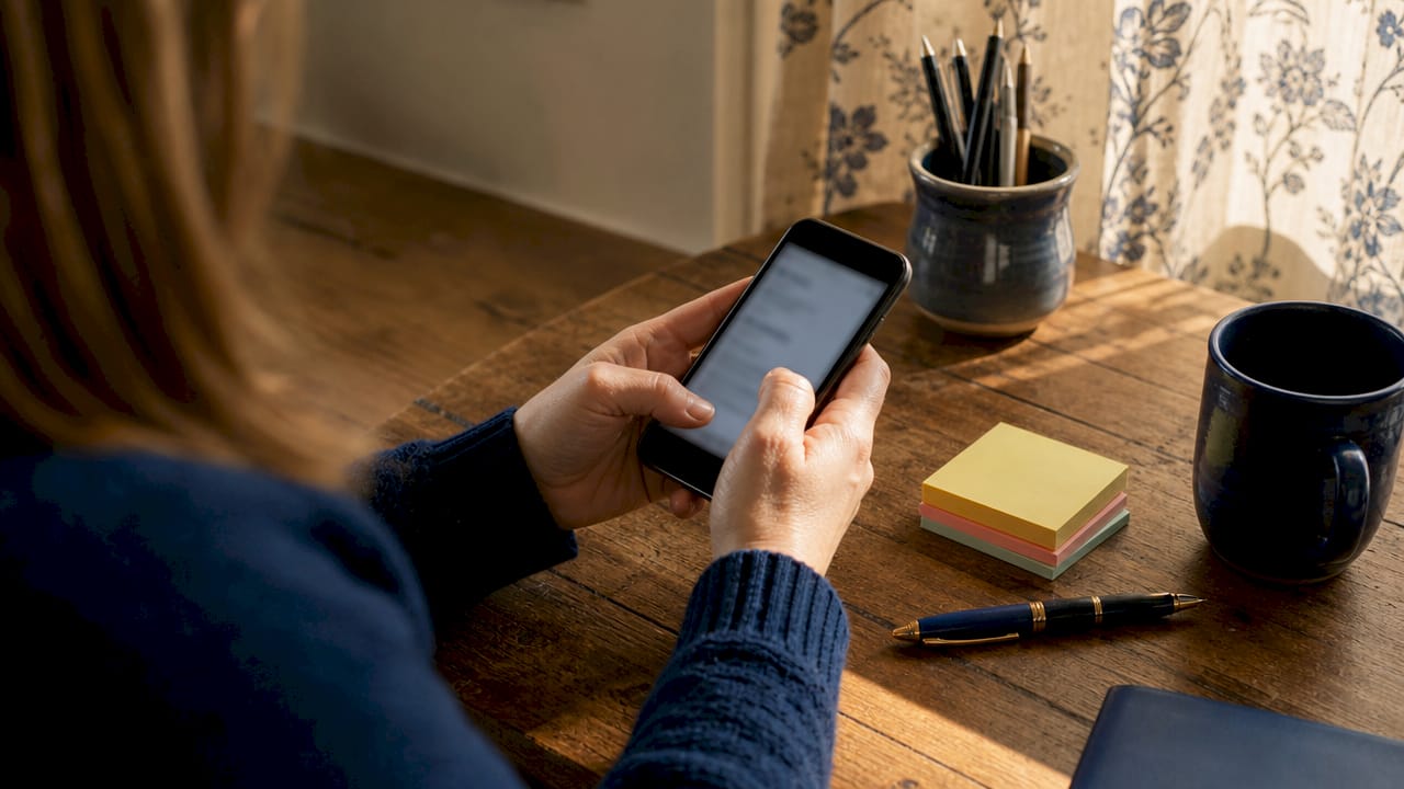 Hands scrolling school notification app on smartphone