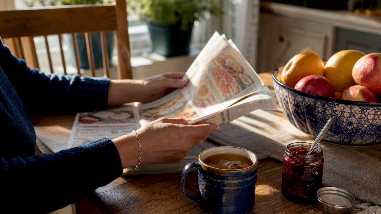 Hands flipping printed shopping circular in café
