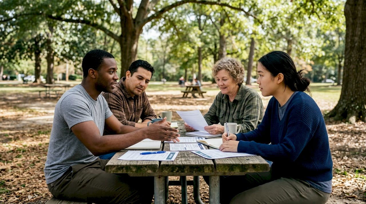 Group discussing job postings in office meeting