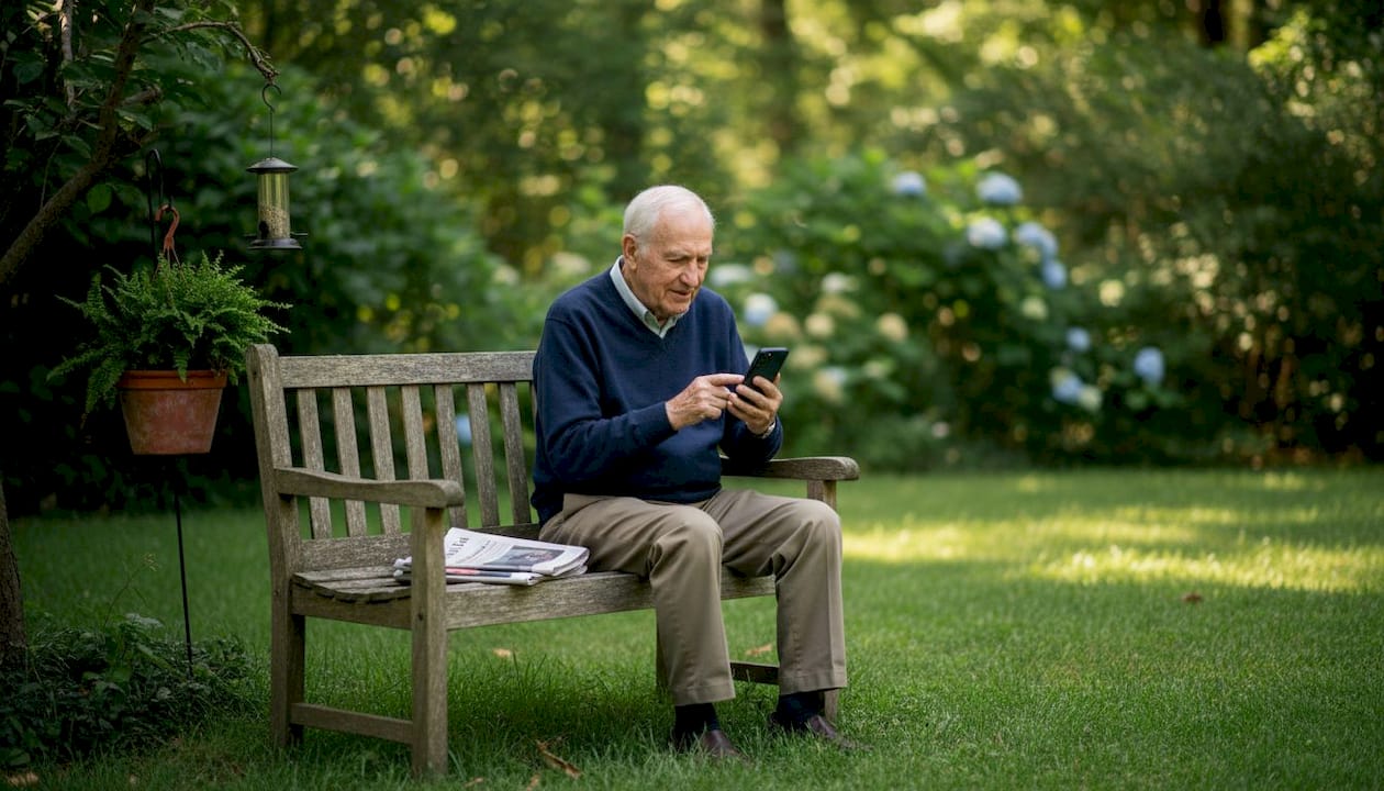 Hands scrolling local weather alerts on smartphone on porch