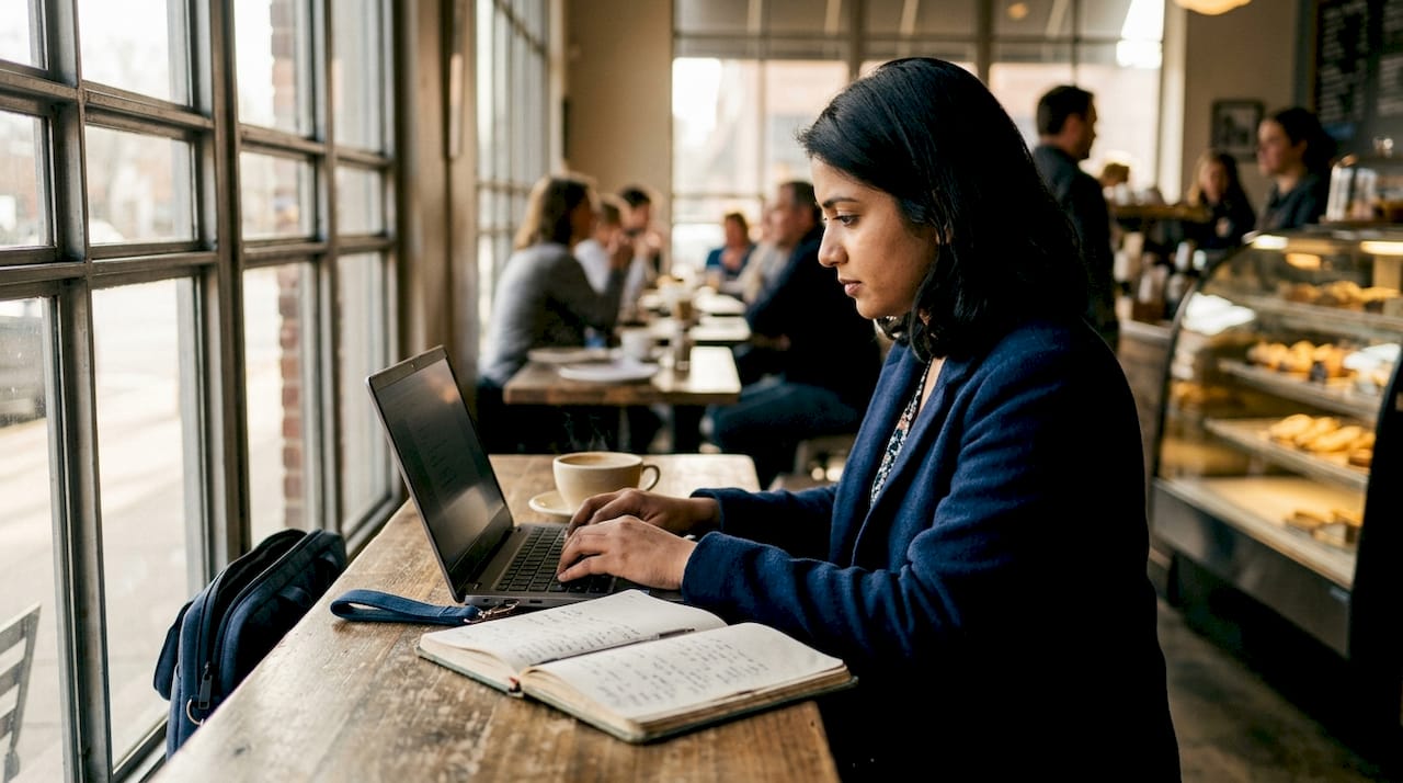 Journalist typing notes on news impact story