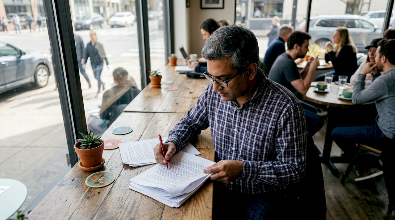 Editor reviewing story drafts in newsroom