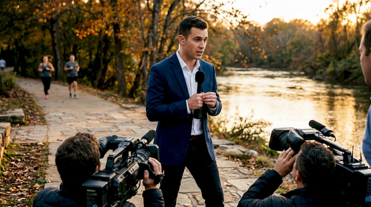 Field reporter delivering live news on street