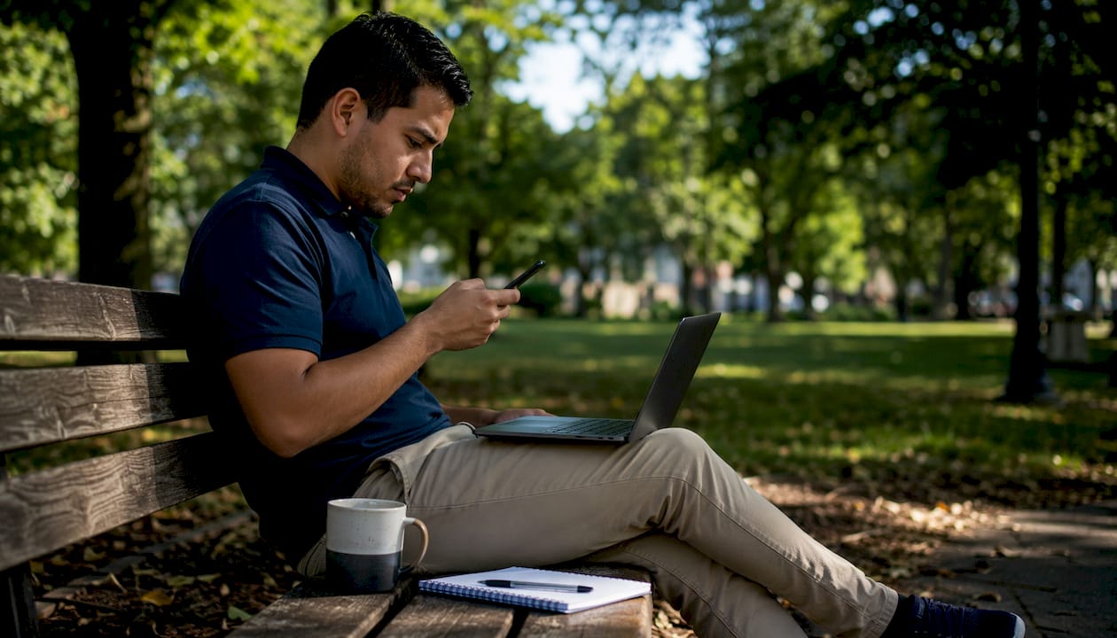 Man using smartphone and laptop in café