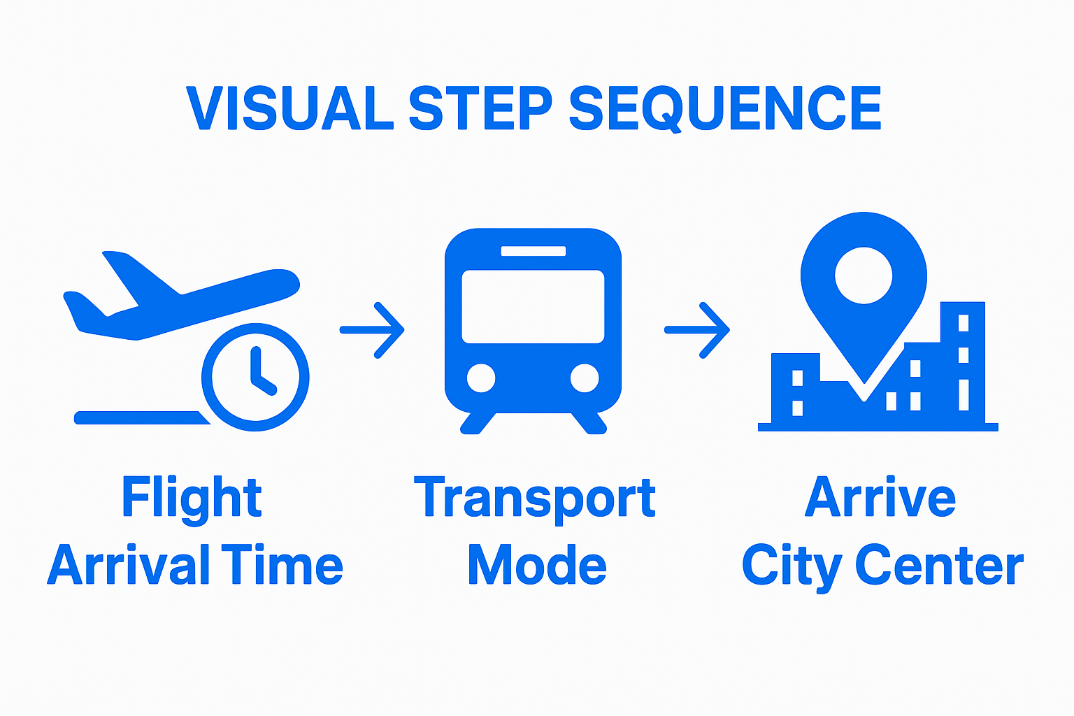 Simple infographic showing steps: arrival, choose transport, reach city center.