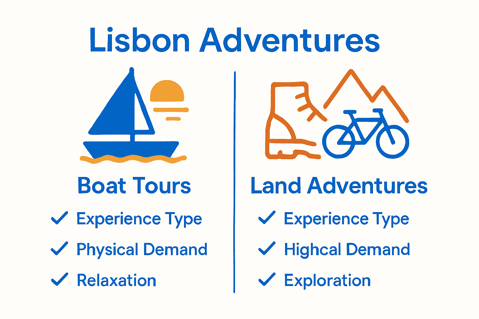Infographic comparing Lisbon boat tours and land adventures by key features