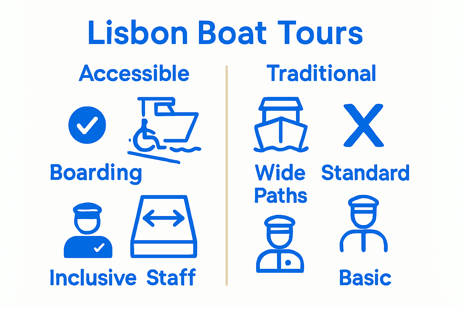 Infographic comparing accessible and traditional boat tours in Lisbon with side-by-side features.