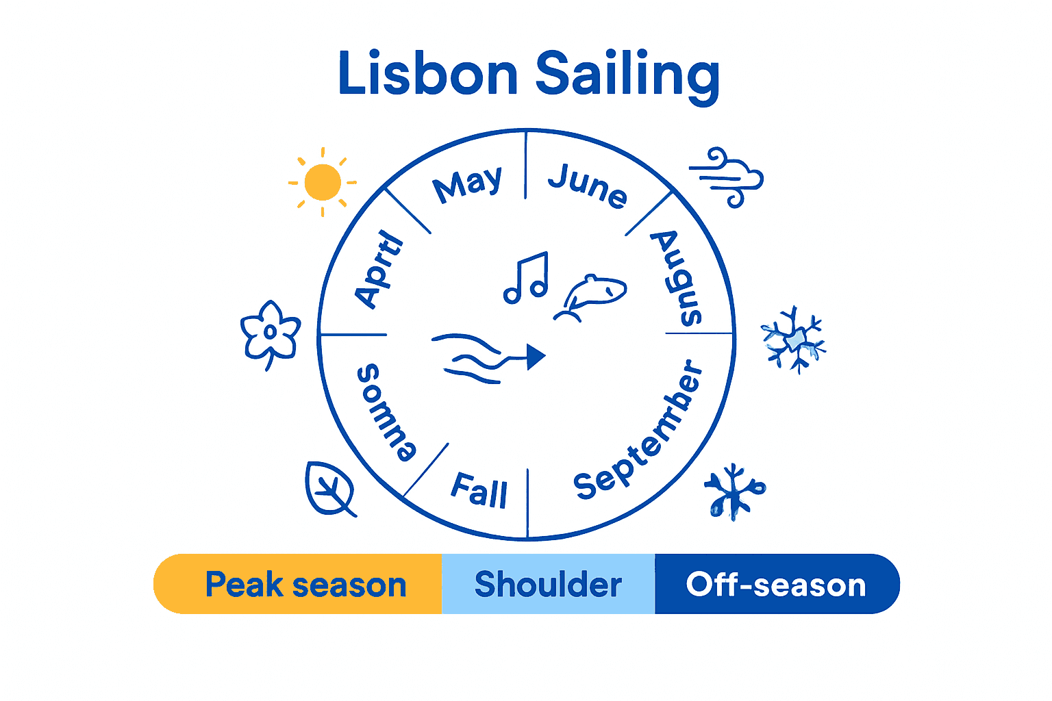 Lisbon sailing seasons infographic with weather and festival icons