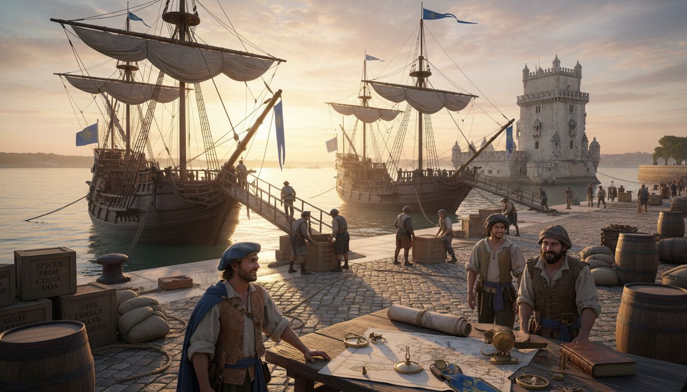 Lisbon harbor bustling with 16th-century ships