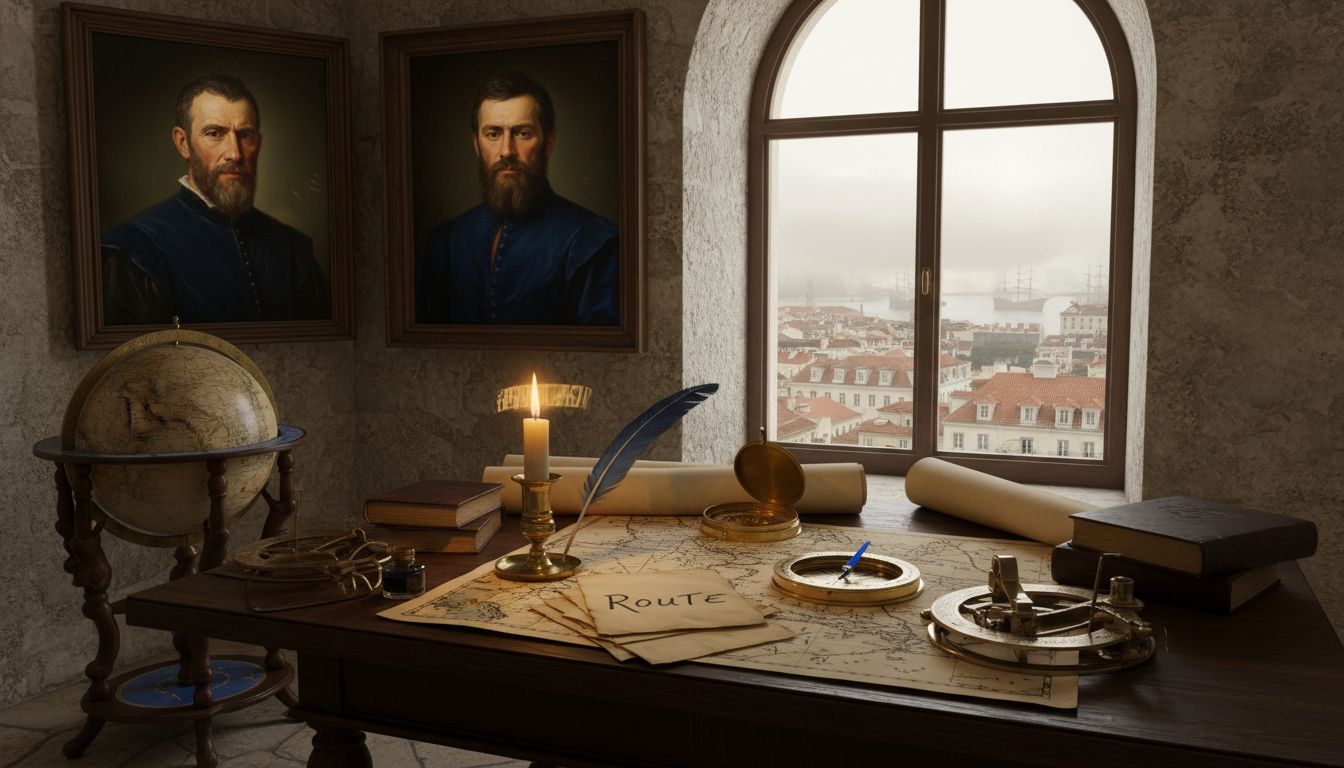 Navigator’s study with maps and explorer portraits