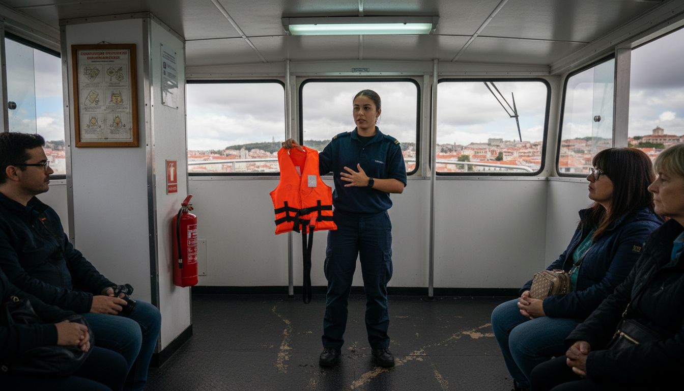 Crew member demonstrating boat safety equipment