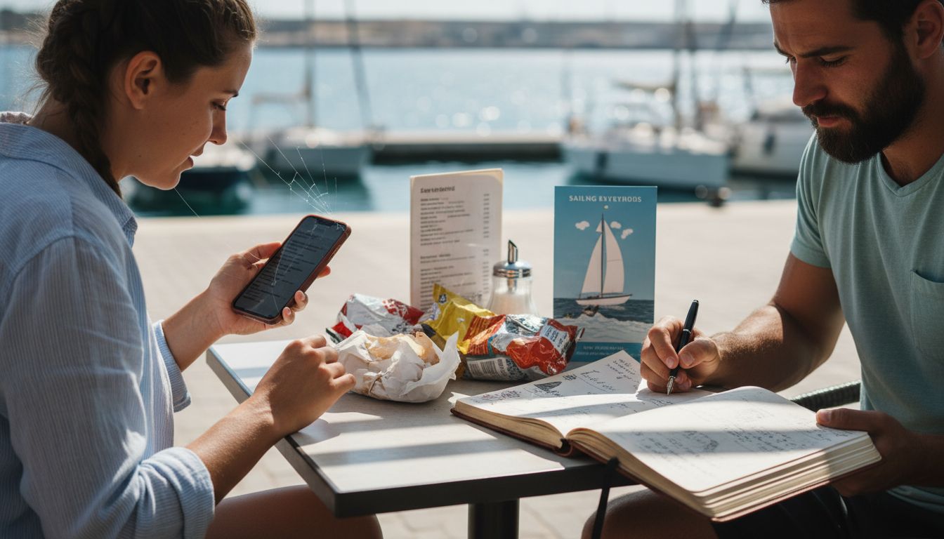 Travelers check sailing tour reviews at cafe
