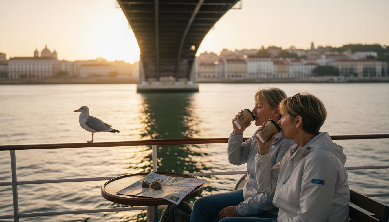 Couple on Lisbon boat under sunrise bridge