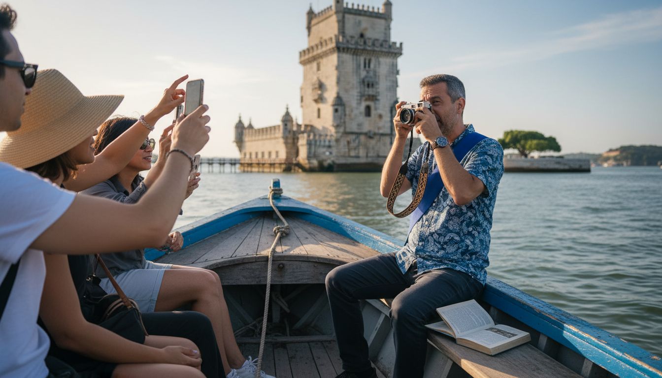 Boat view of tourists near Belém Tower