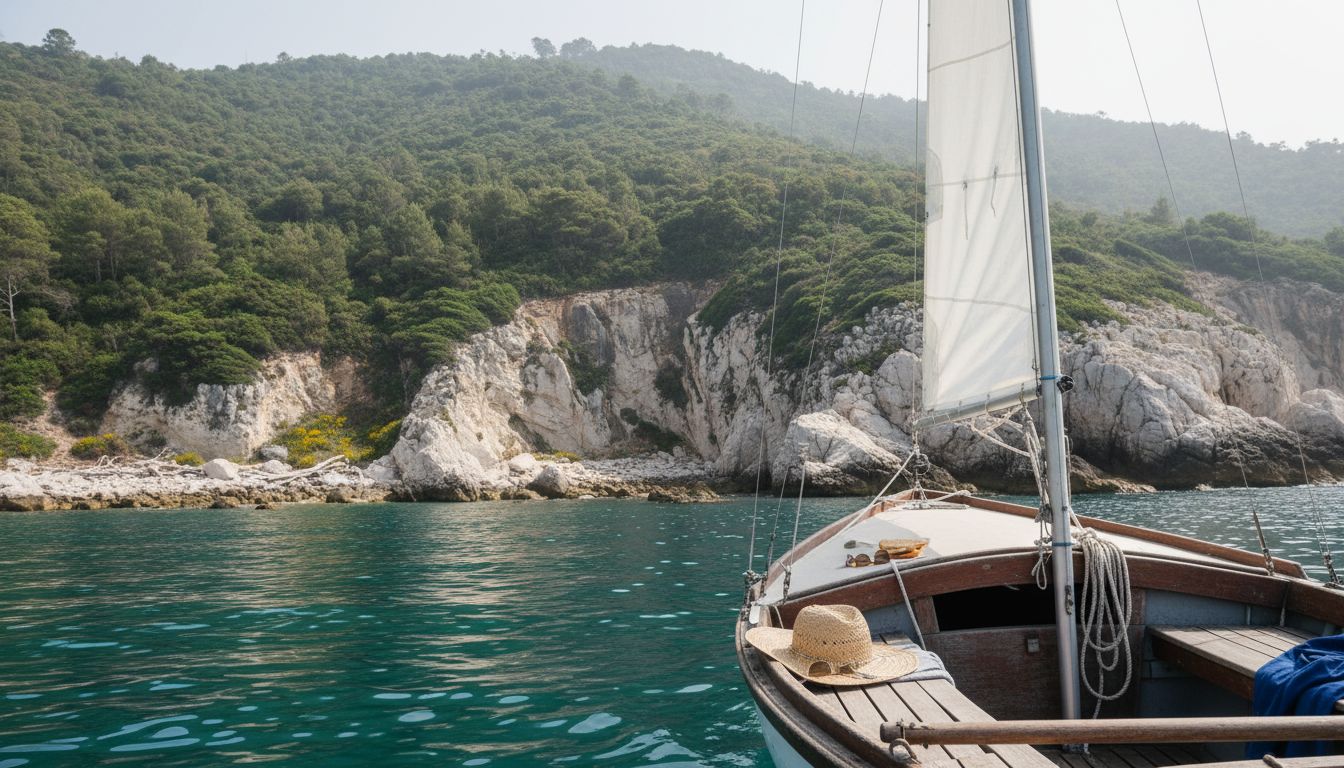 Sailboat near Arrábida coastline forested hills