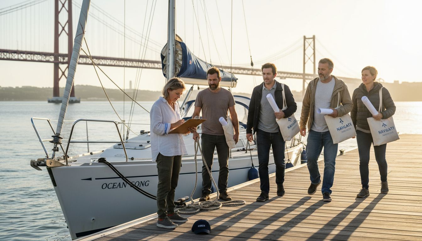 Team boards sailboat at Lisbon harbor