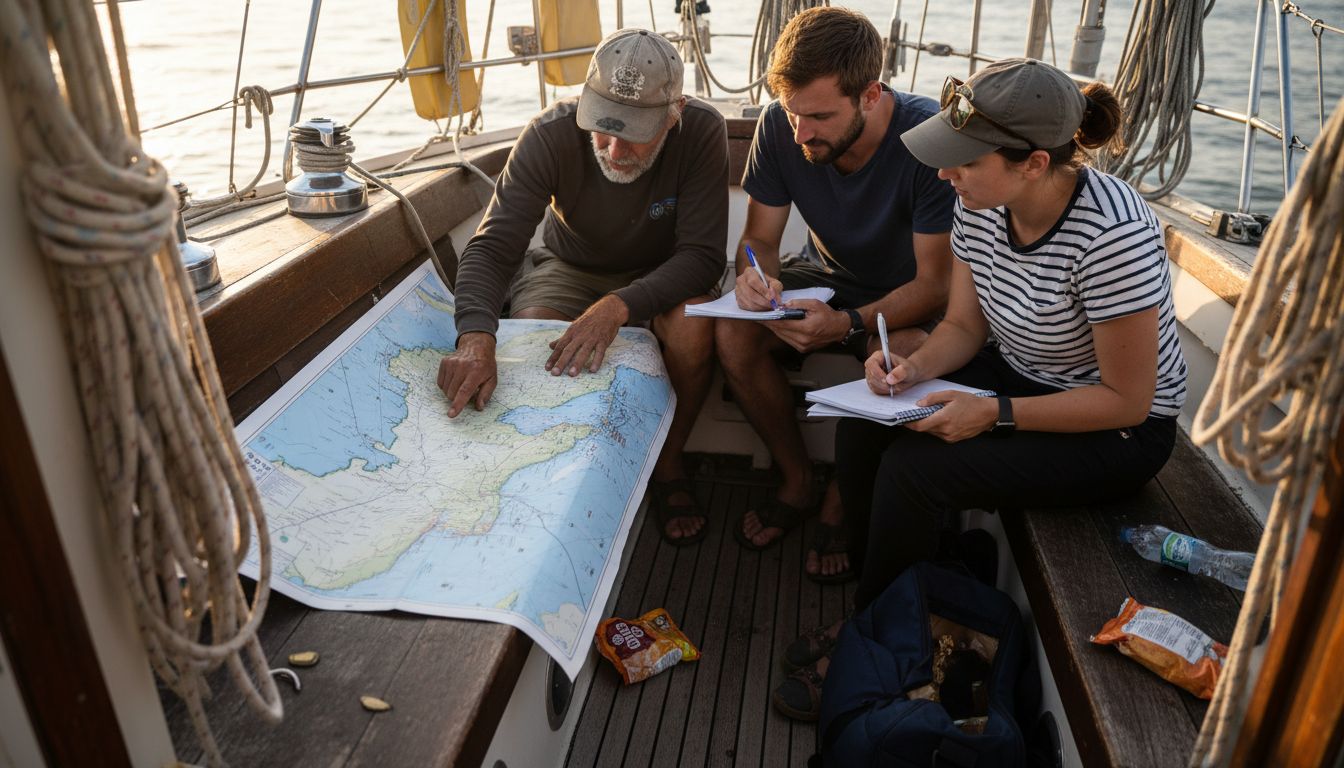 Coworkers solving map challenge on sailboat