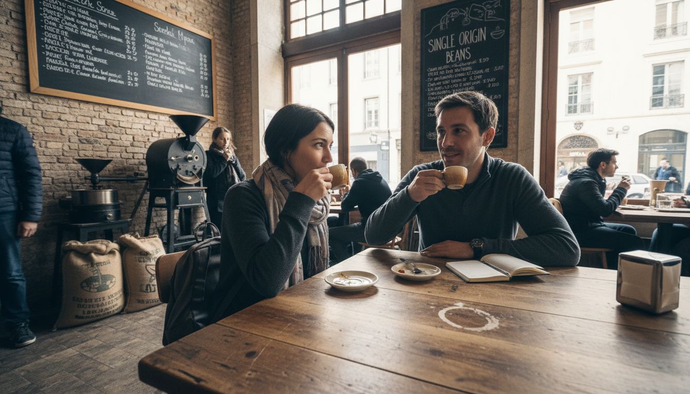 Travelers enjoying espresso in Lisbon coffee café
