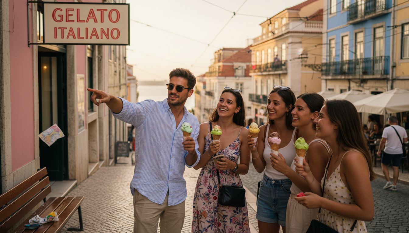 Tourists enjoy gelato outside Lisbon shop with city view