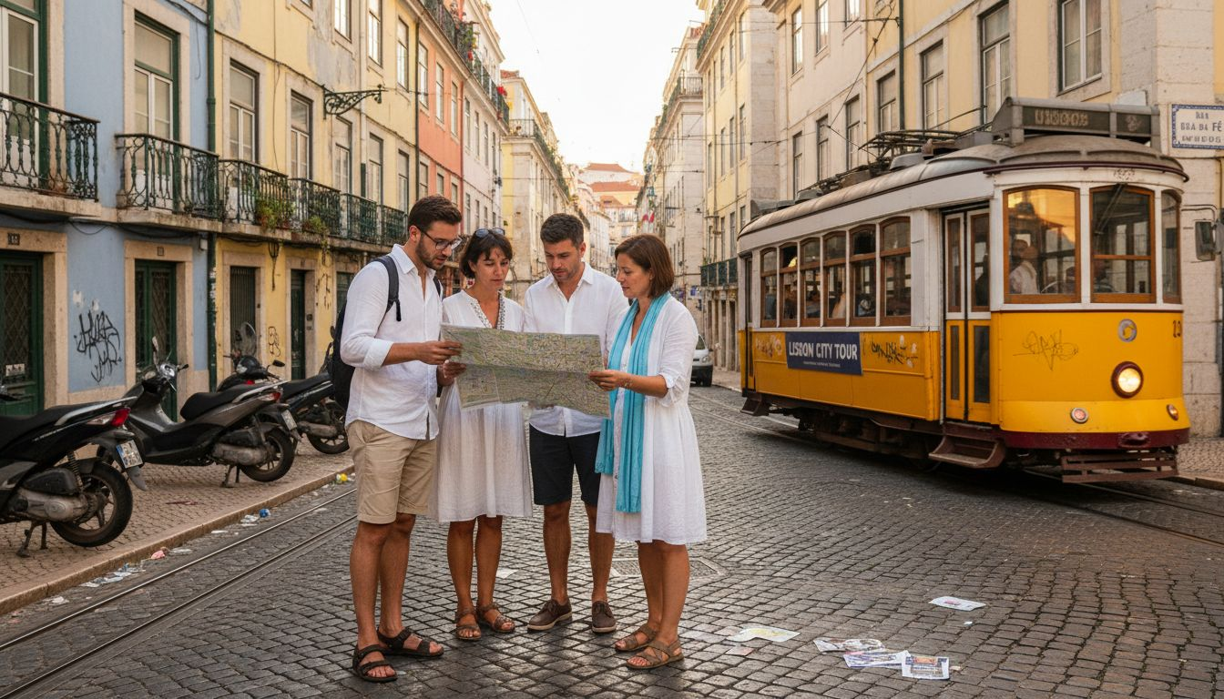 Tourists planning Lisbon sightseeing tour outdoors