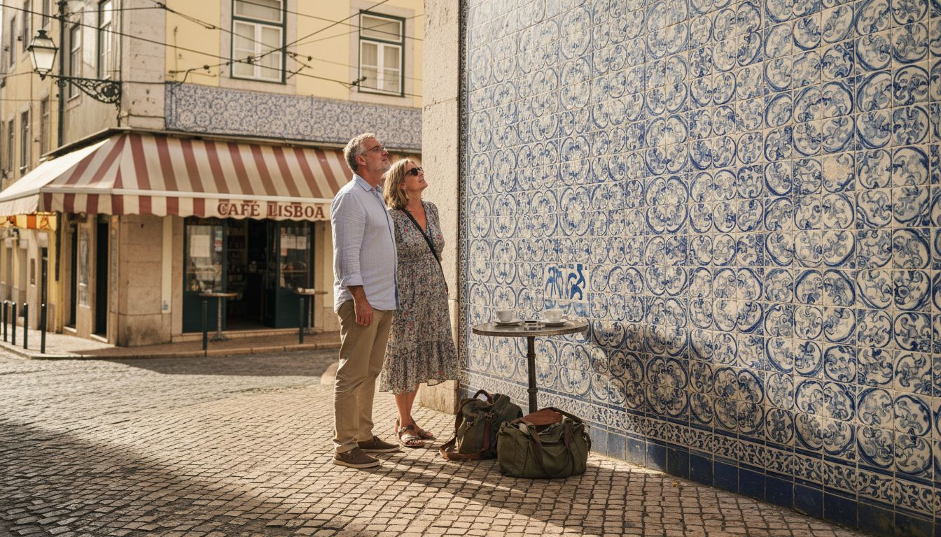 Couple admiring azulejos on Lisbon street
