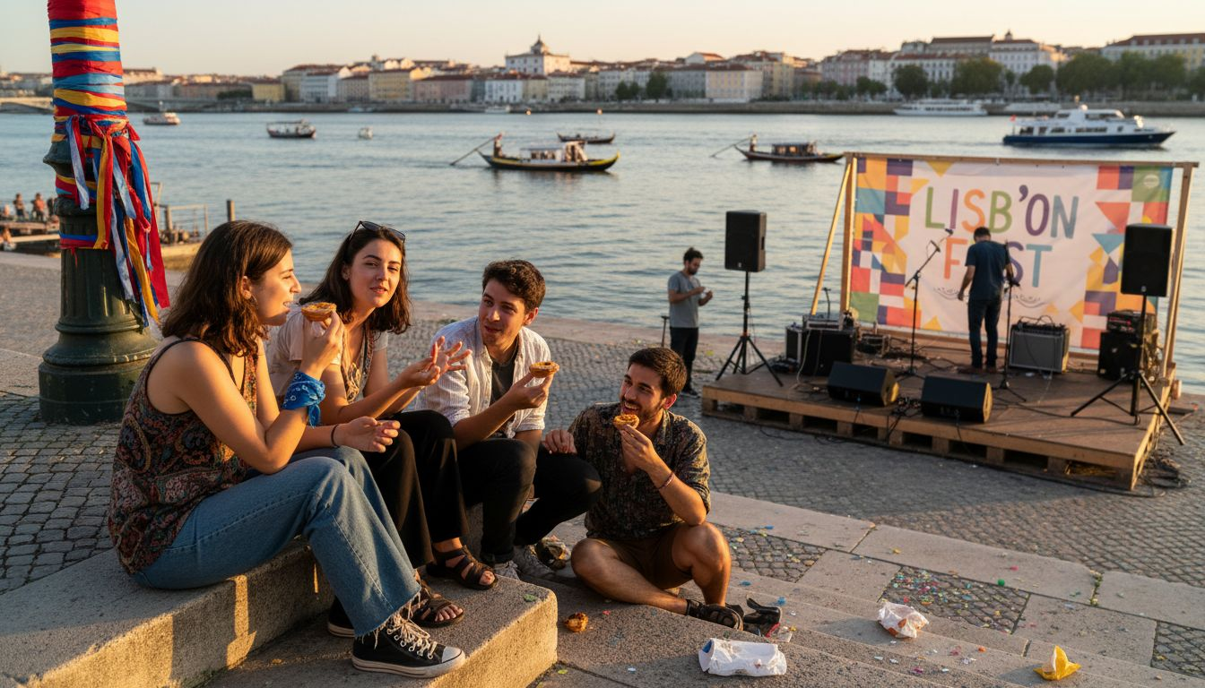 People enjoying festival by Lisbon river