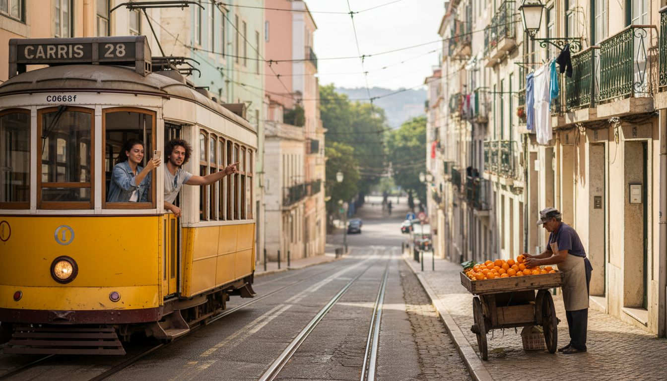 Vintage Lisbon tram on narrow historic street