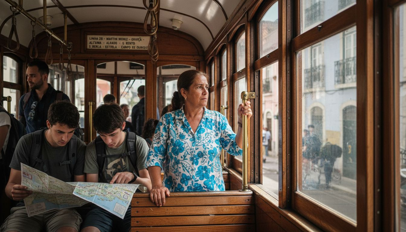 Riders inside classic Linha 28 Lisbon tram