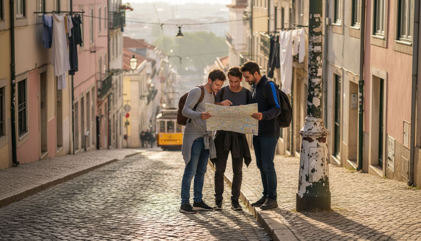 Tourists navigating steep Lisbon street with tram