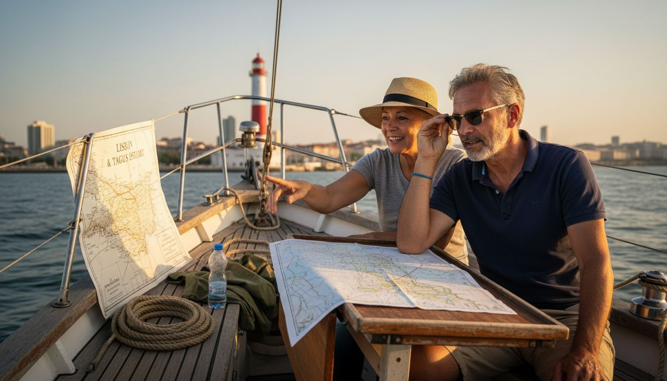Sailboat crew checking nautical charts near Lisbon