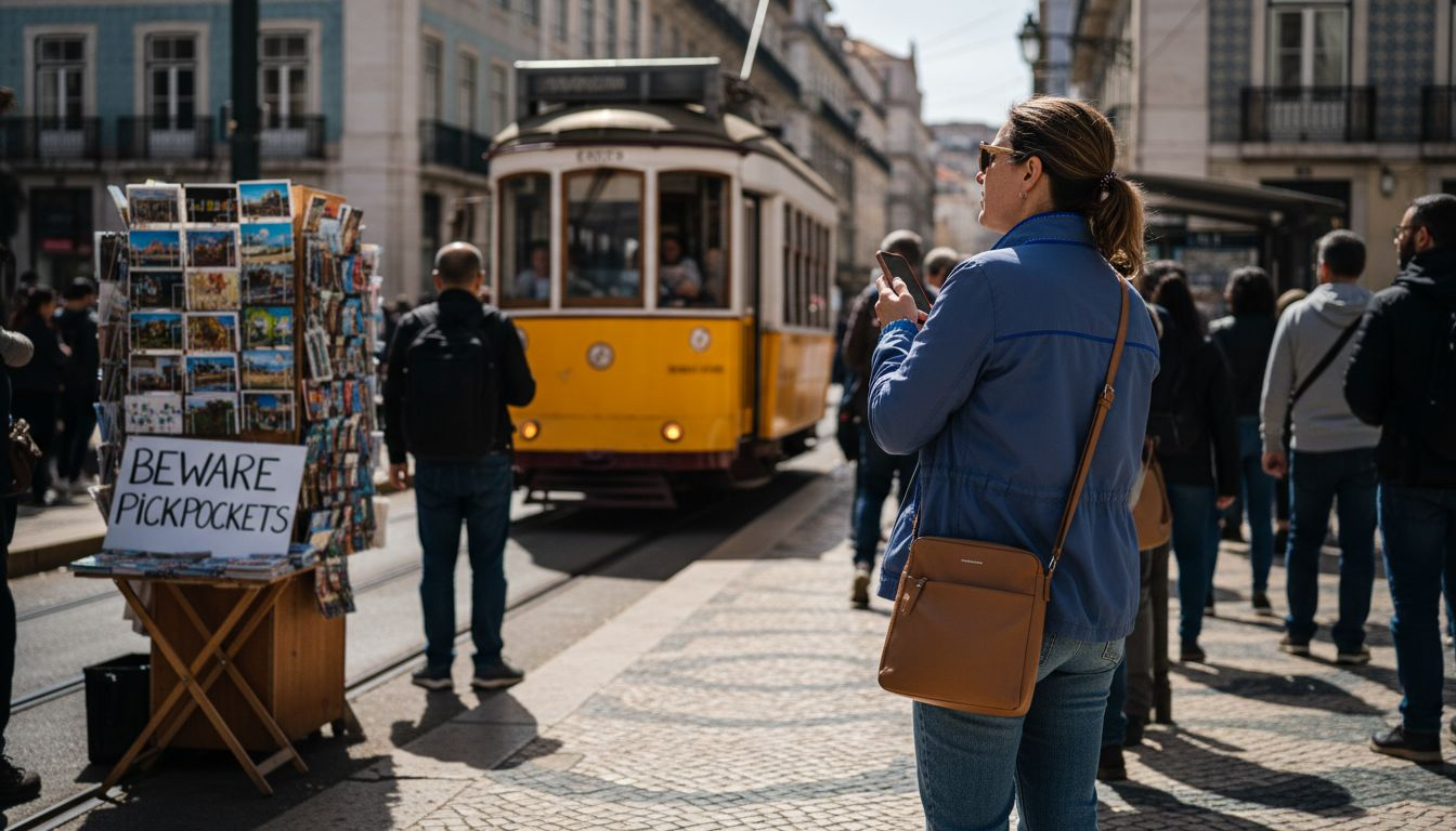 Tourist watching belongings at Lisbon tram stop