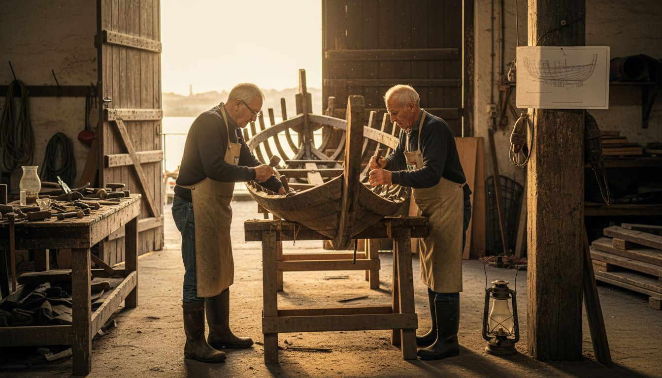 Craftsmen building a wooden boat hull in Lisbon