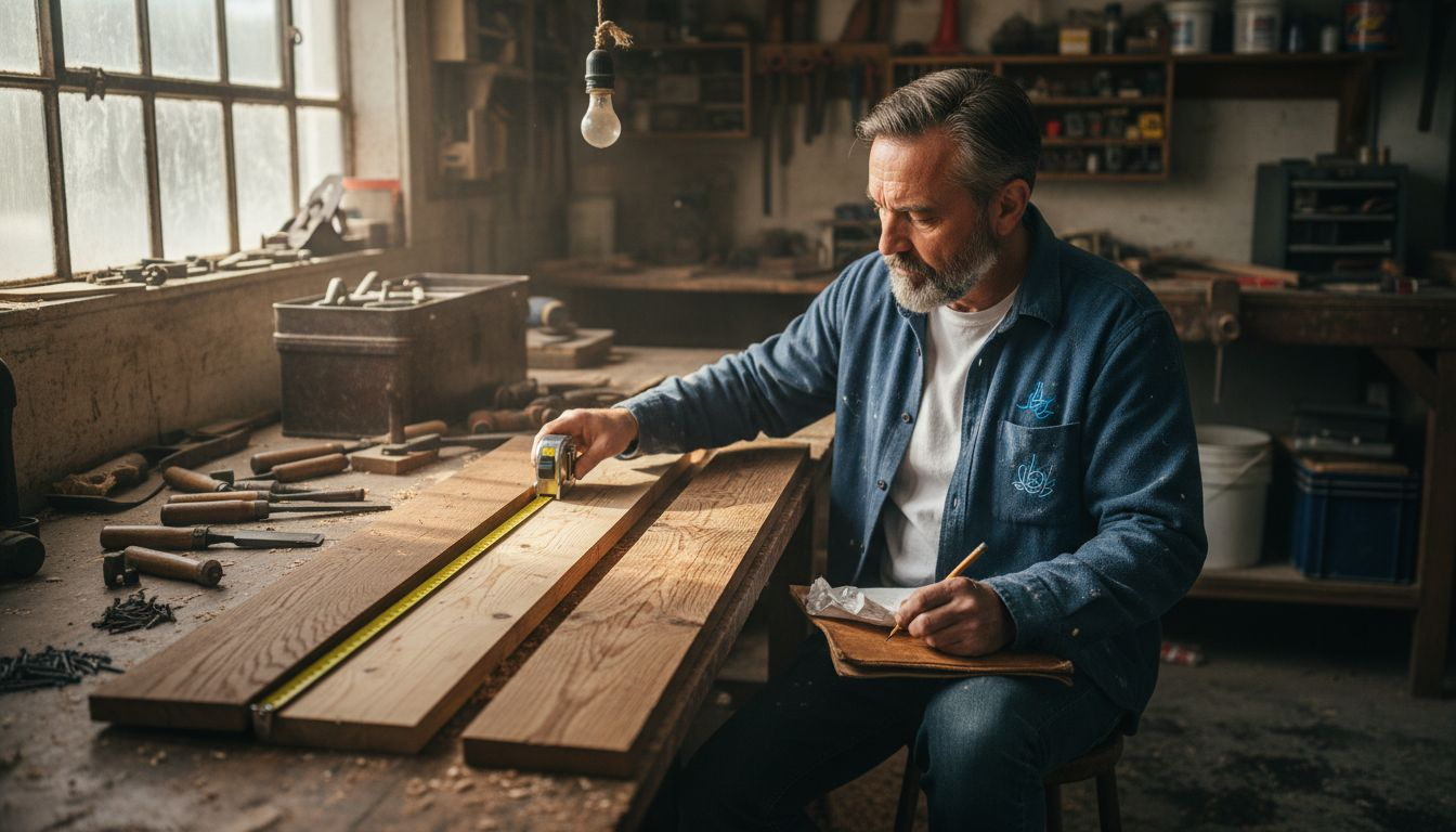 Artisan comparing wood planks for boat building