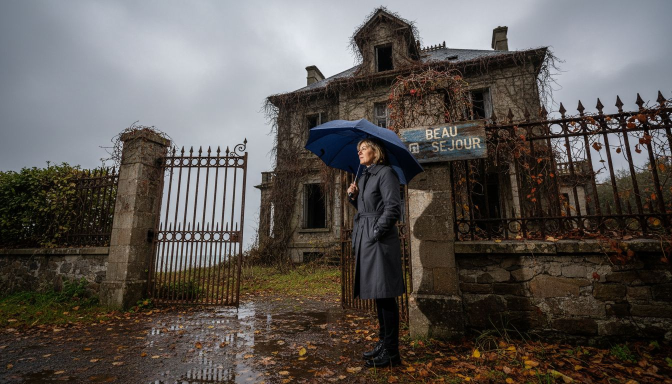 Woman outside haunted mansion by Lisbon coast