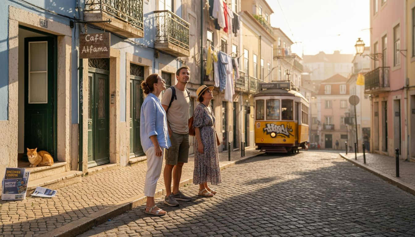 Tourists walking on Lisbon cobblestone street