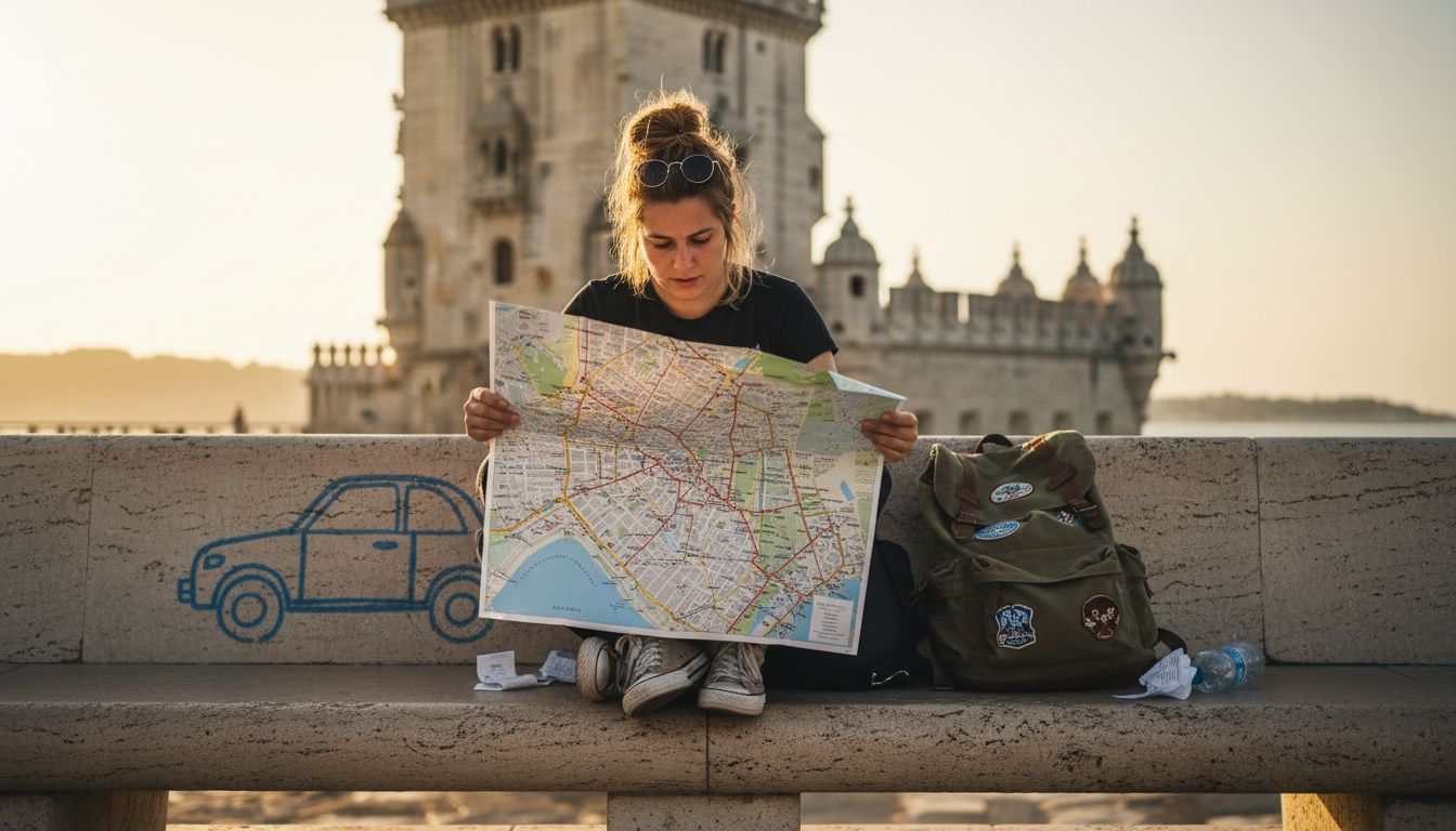 Traveler mapping Lisbon landmark route